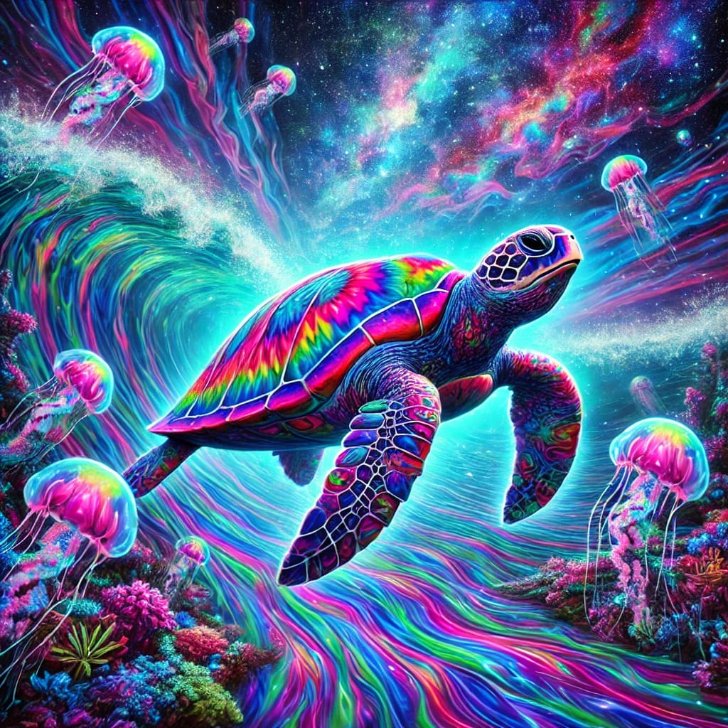 Psychedelic sea turtles swimming