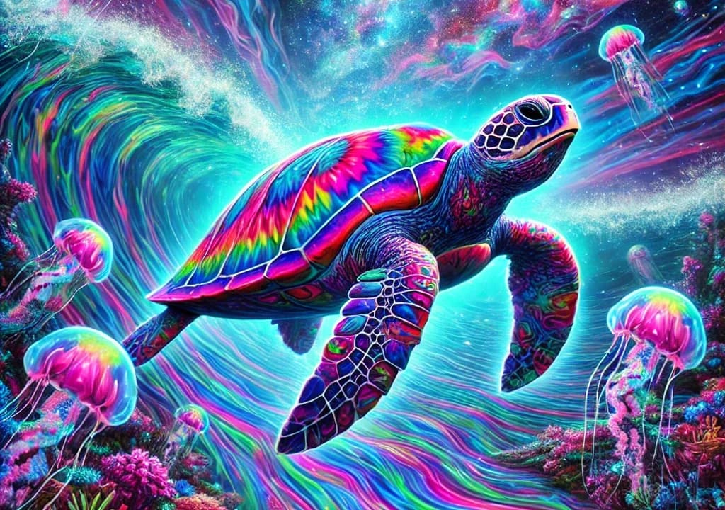 psychedelic turtle swimming in the sea