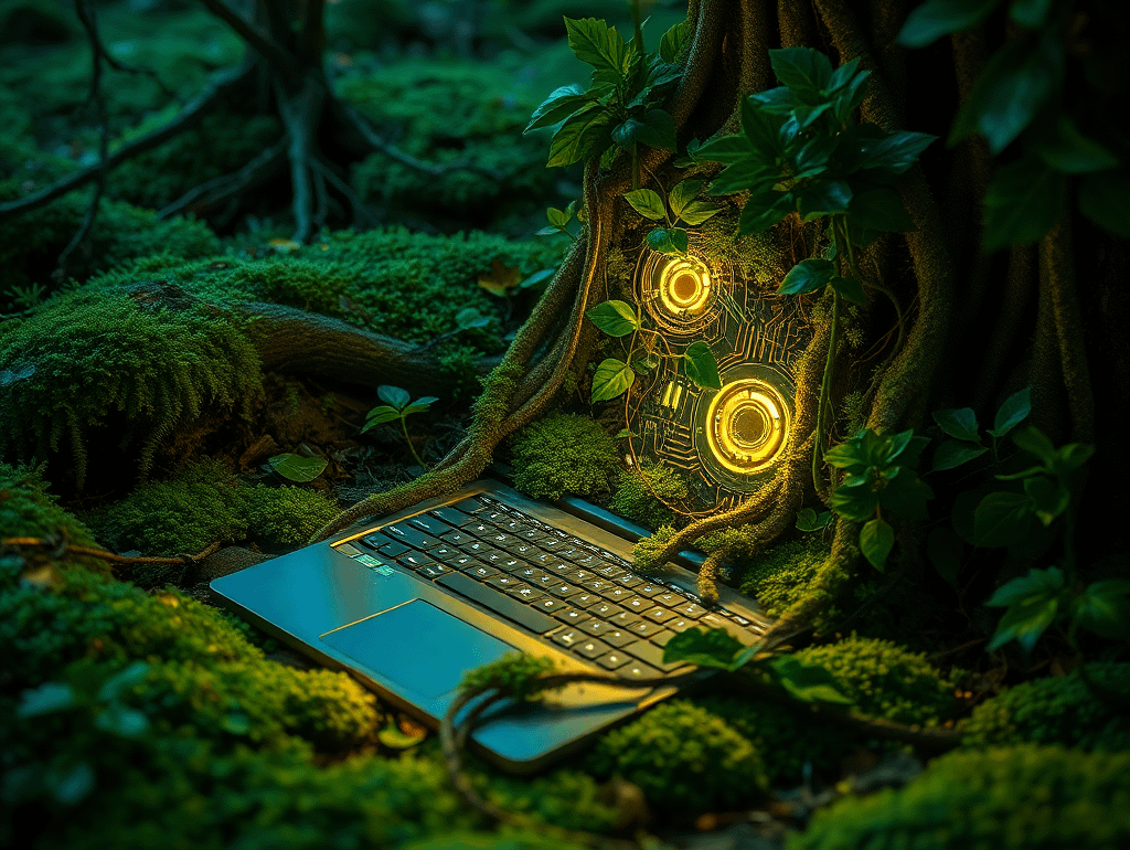 a laptop in the woods