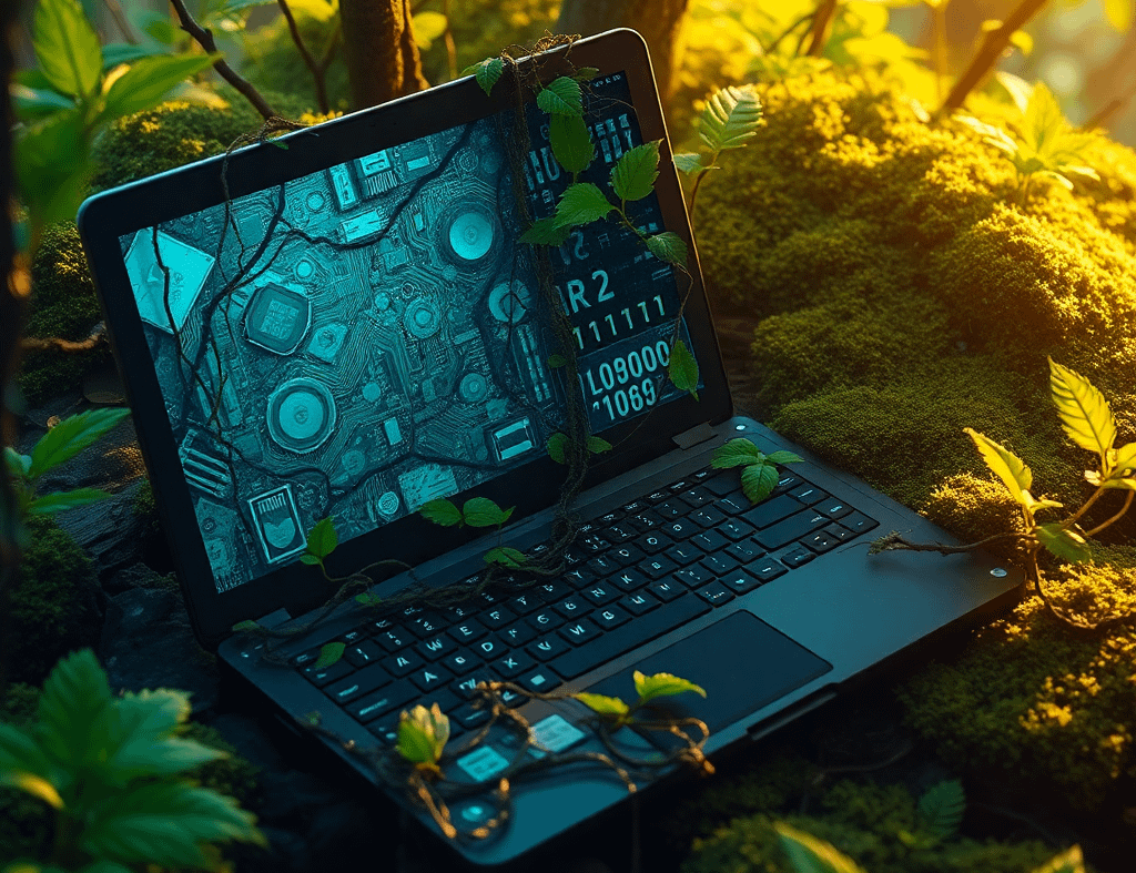 Broken laptop reclaimed by nature.