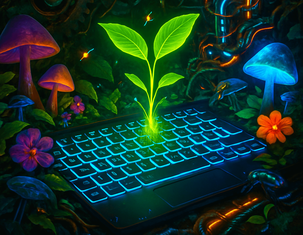 a computer keyboard with glowing green leaves and mushrooms