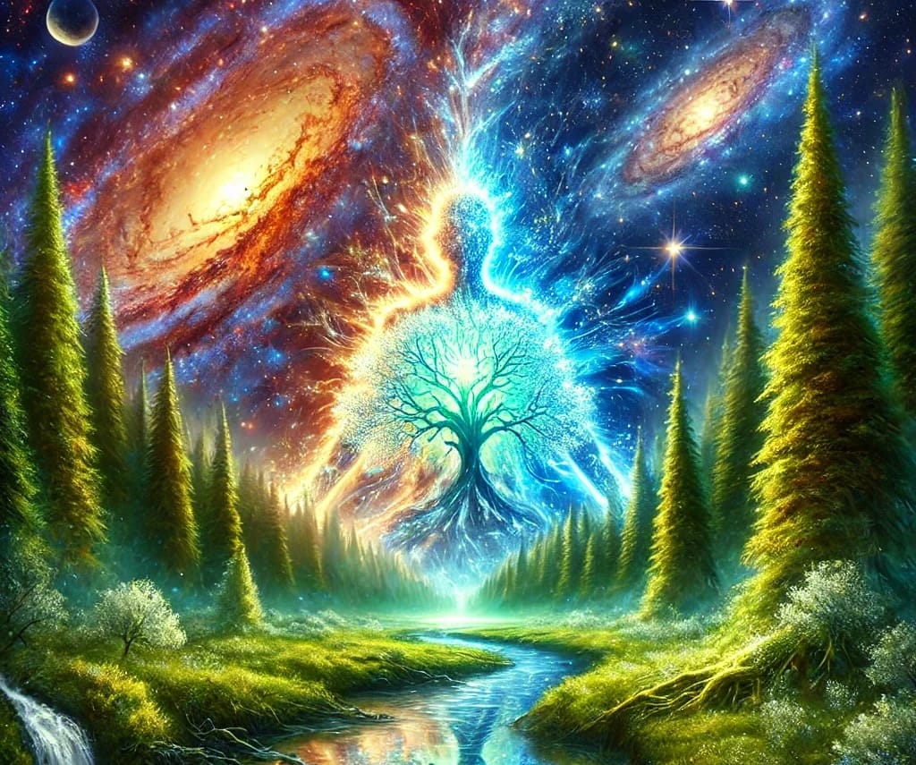 a painting of a tree of life surrounded by trees and a river