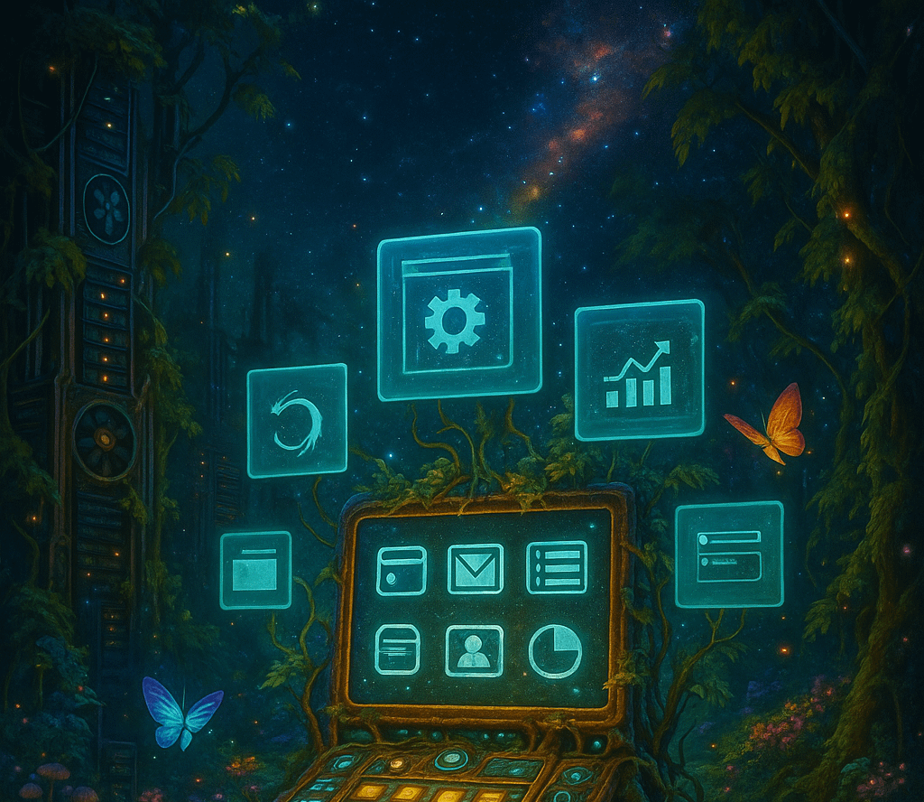 a computer screen with glowing icons on it