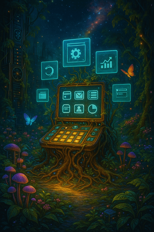 a computer screen with glowing icons on it