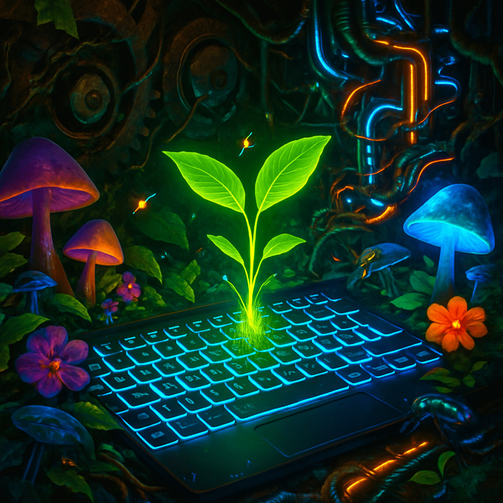 a computer keyboard with glowing green leaves and mushrooms