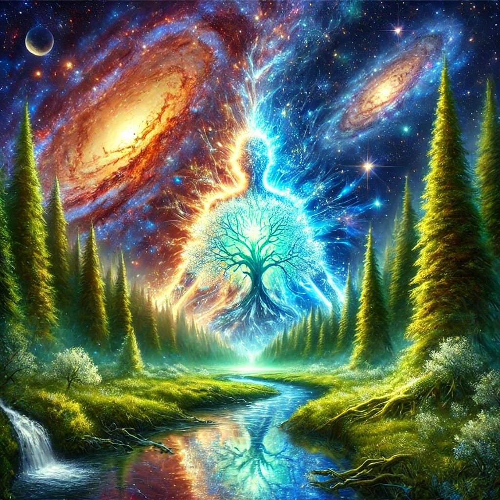 a painting of a tree of life surrounded by trees and a river